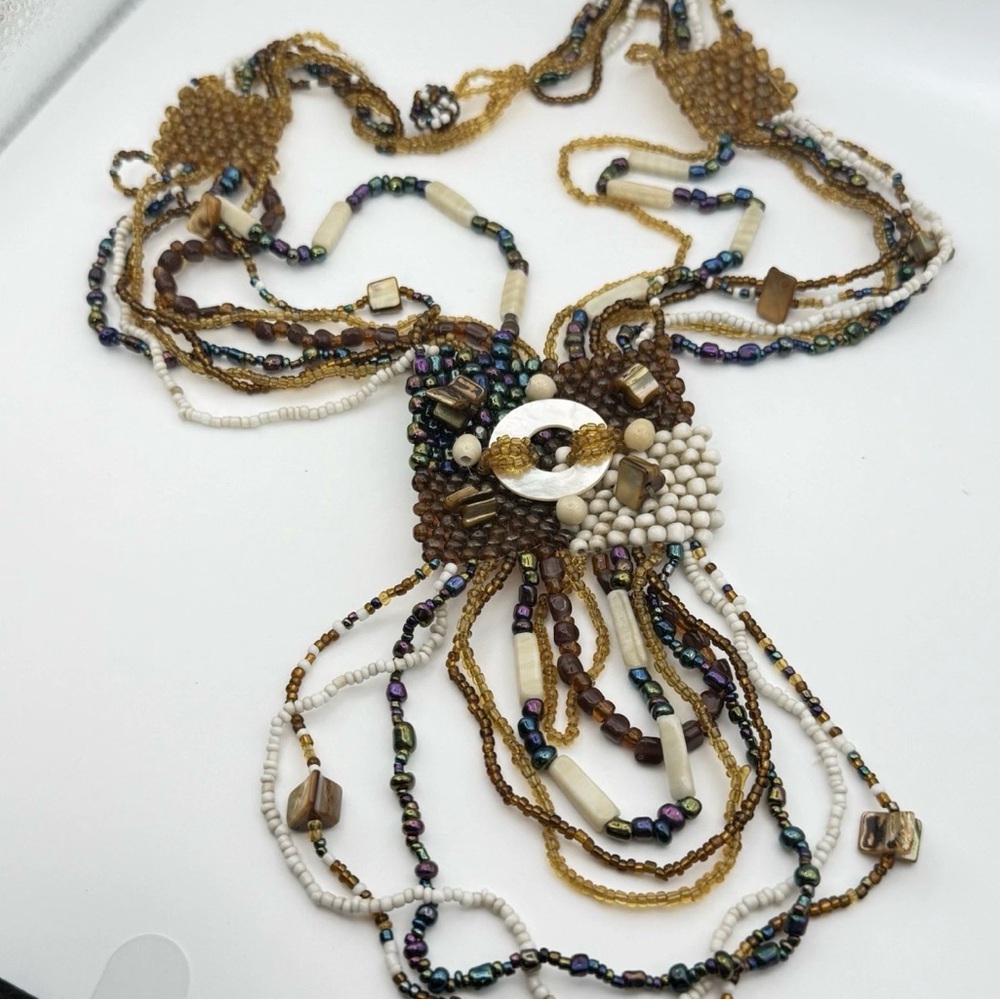 Boho Multi Strand Seed Bead Bib Necklace Brown Amber Cream Gold Statement